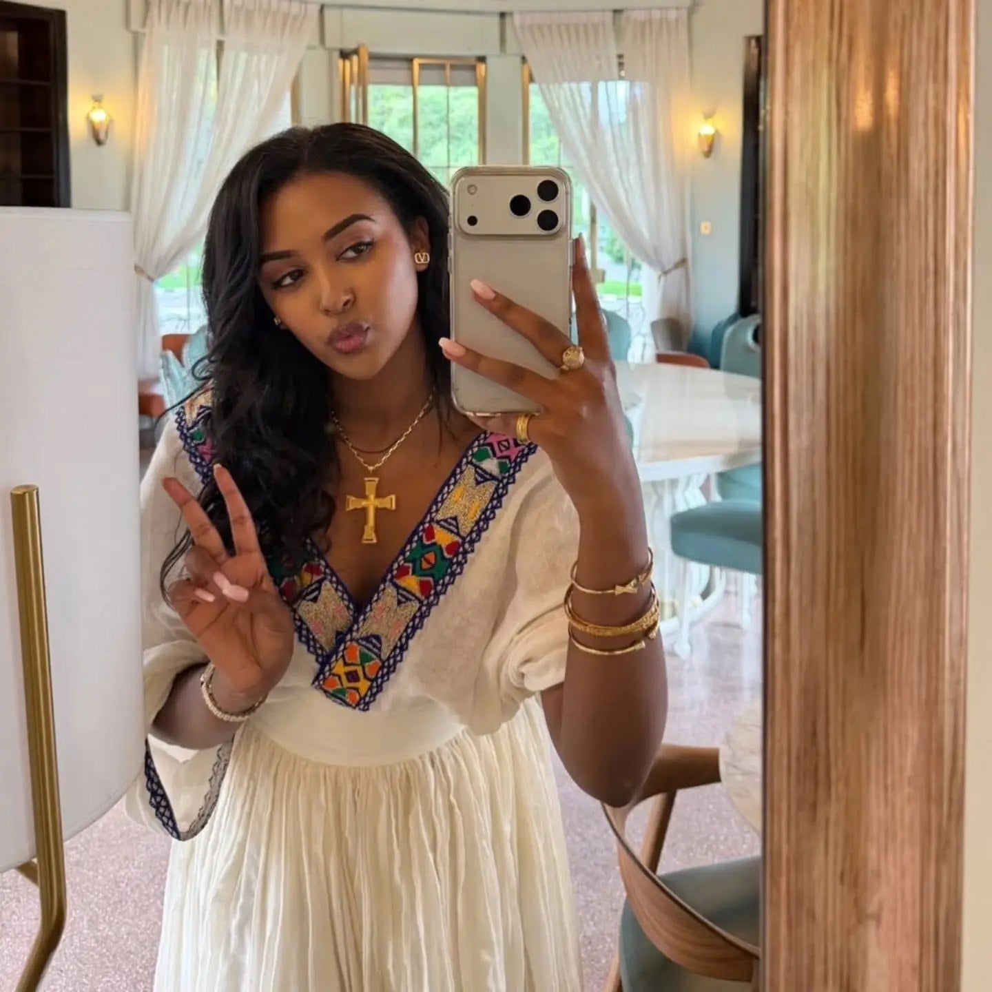 Flowing V-Neck Habesha Kemis Adorned with Ethiopian Artisan Weaving Charming Habesha Dress 921