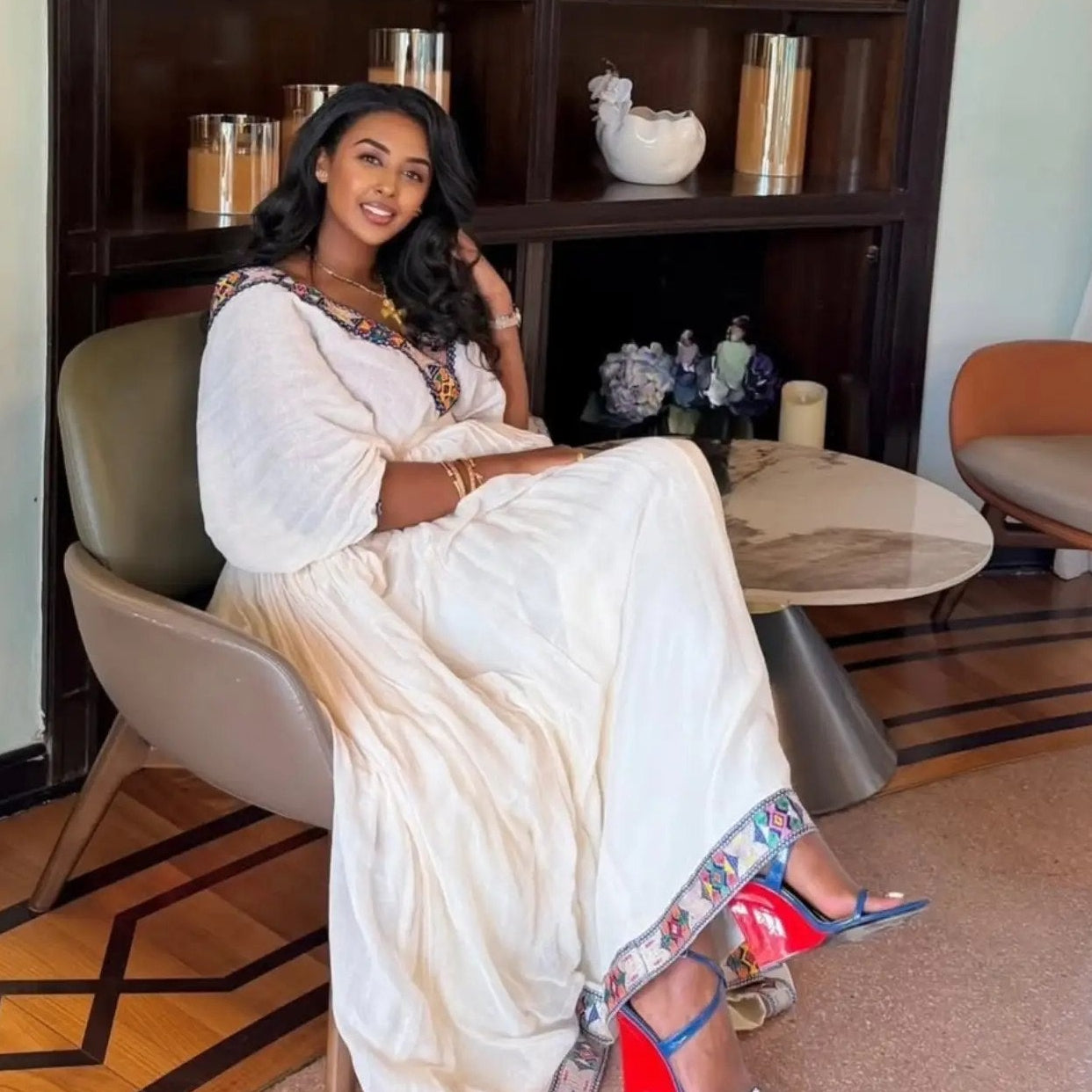Flowing V-Neck Habesha Kemis Adorned with Ethiopian Artisan Weaving