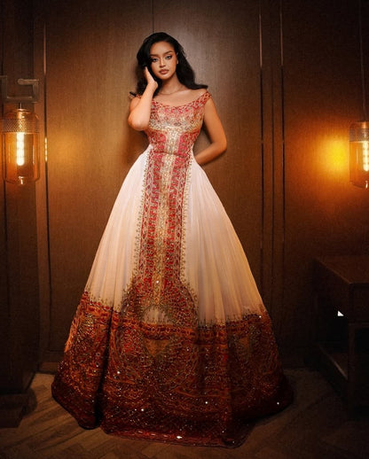 Regal Off-Shoulder Ethiopian Wedding Dress with Gold & Red Handwoven Habesha Kemis For Wedding 923