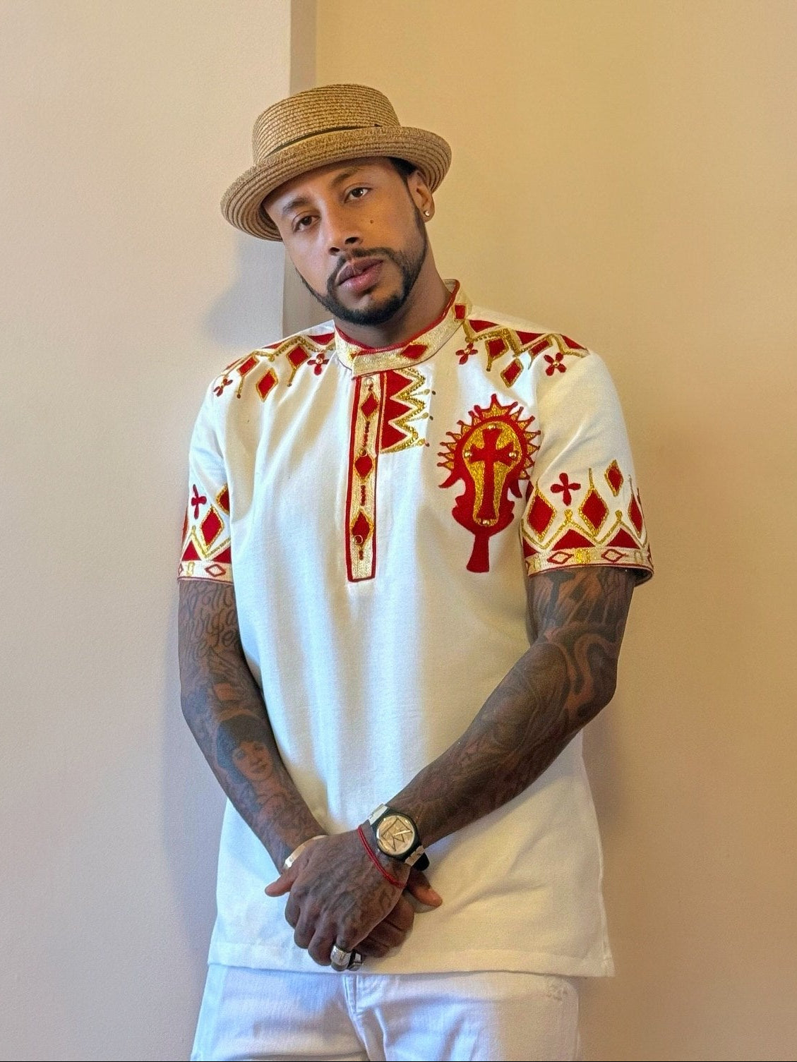 Ethiopian Men's Traditional Shirt Red & Gold Handwoven Cultural Attire