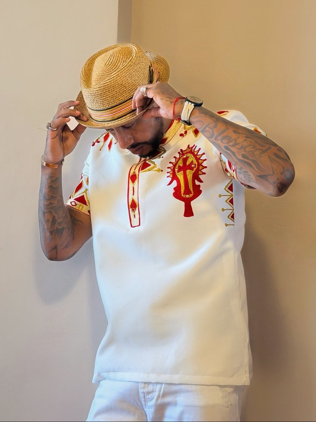 Ethiopian Men's Traditional Shirt | Red & Gold Handwoven Cultural Attire