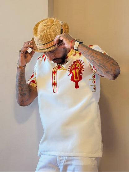 Ethiopian Men's Traditional Shirt | Red & Gold Handwoven Cultural Attire