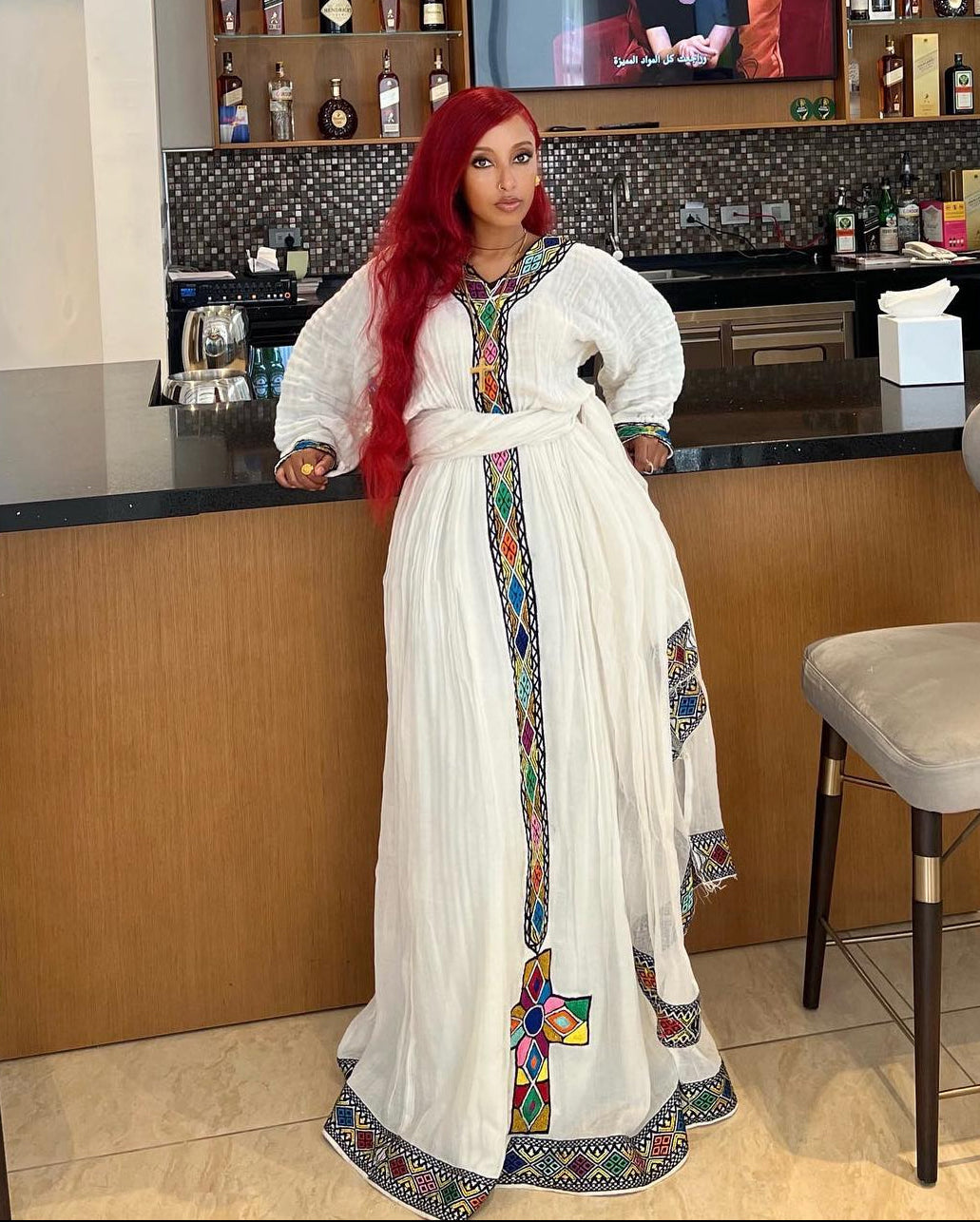 Radiant Rainbow Tibeb Habesha Kemis Elegant Ethiopian Traditional Dress for Women