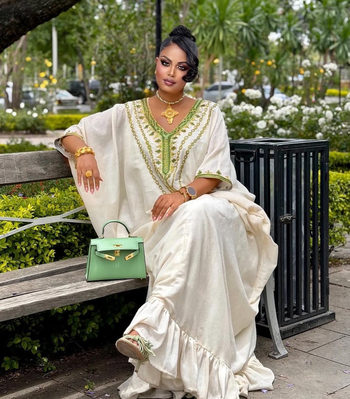 Elegant Olive Embroidered Habesha Caftan Dress Flowing Ethiopian Heritage Gown with Ruffle Hem 