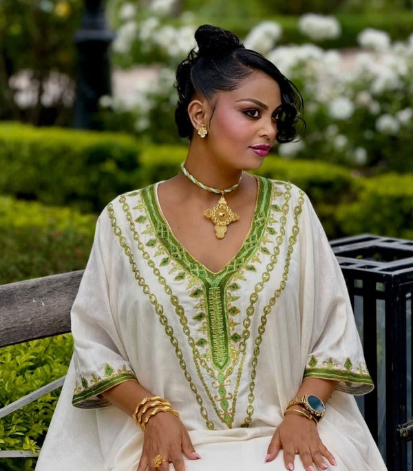Stylish Olive Embroidered Habesha Caftan Dress Flowing Ethiopian Heritage Gown Ruffle Hem & Timeless Habesha Dress 926