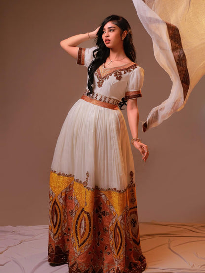 Golden Sunrise Ethiopian Dress Cultural Gown with Geometric Hem Embroidery 927