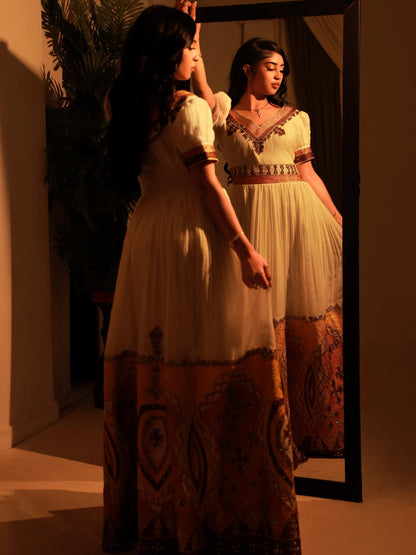 Golden Sunrise Ethiopian Dress Cultural Gown with Geometric Hem Embroidery 927
