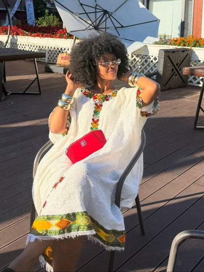 Heritage Breeze Habesha Dress Poncho Ethiopian Kaftan with Vibrant Tibeb Embroidery  Cultural Habesha Kemis 928