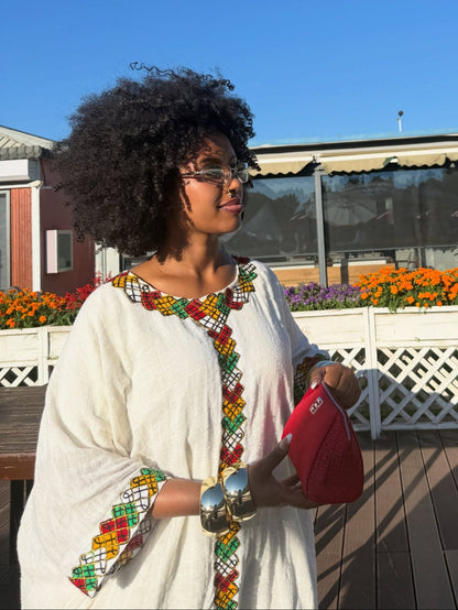 Heritage Breeze Habesha Dress Poncho Ethiopian Kaftan with Vibrant Tibeb Embroidery  Cultural Habesha Kemis 928
