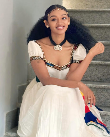 Royal Ashenda Habesha Dress Ethiopian Cultural Gown Colorful Tibeb Accents & Puff Sleeve Habesha Kemis 929