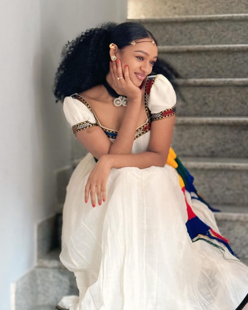 Royal Ashenda Habesha Dress Ethiopian Cultural Gown Colorful Tibeb Accents & Puff Sleeve Habesha Kemis 929