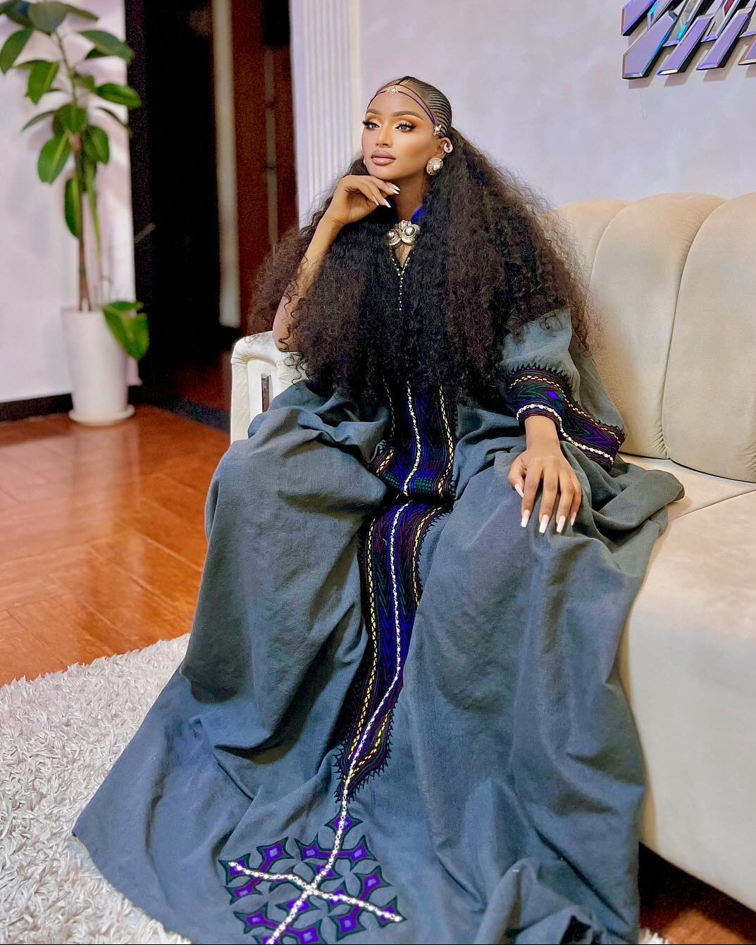 Elegant Charcoal Habesha Dress with Deep Blue Tilf Embroidery