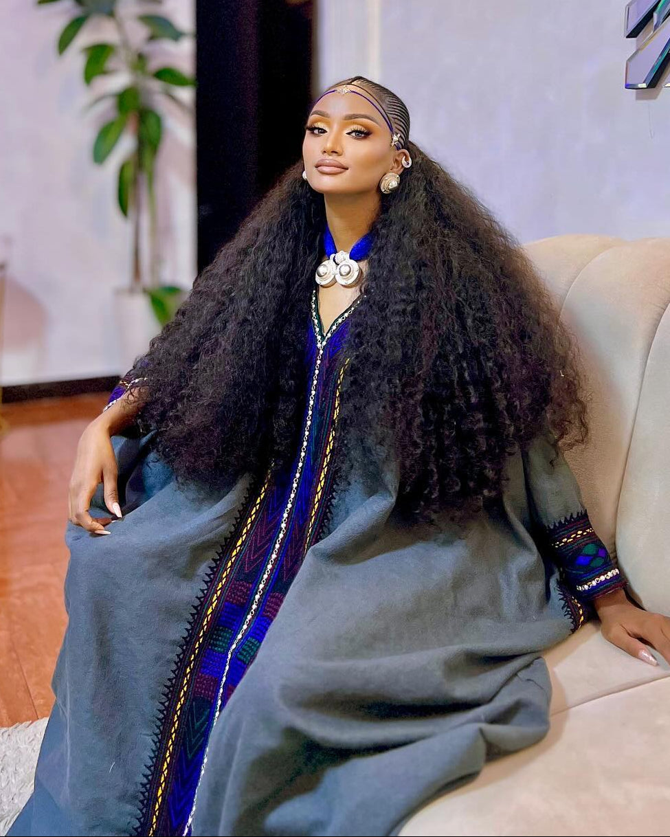Luxurious Charcoal Gray Habesha Dress Royal Blue Geometric Embroidery Habesha Kemis With Wide Cuffs 930