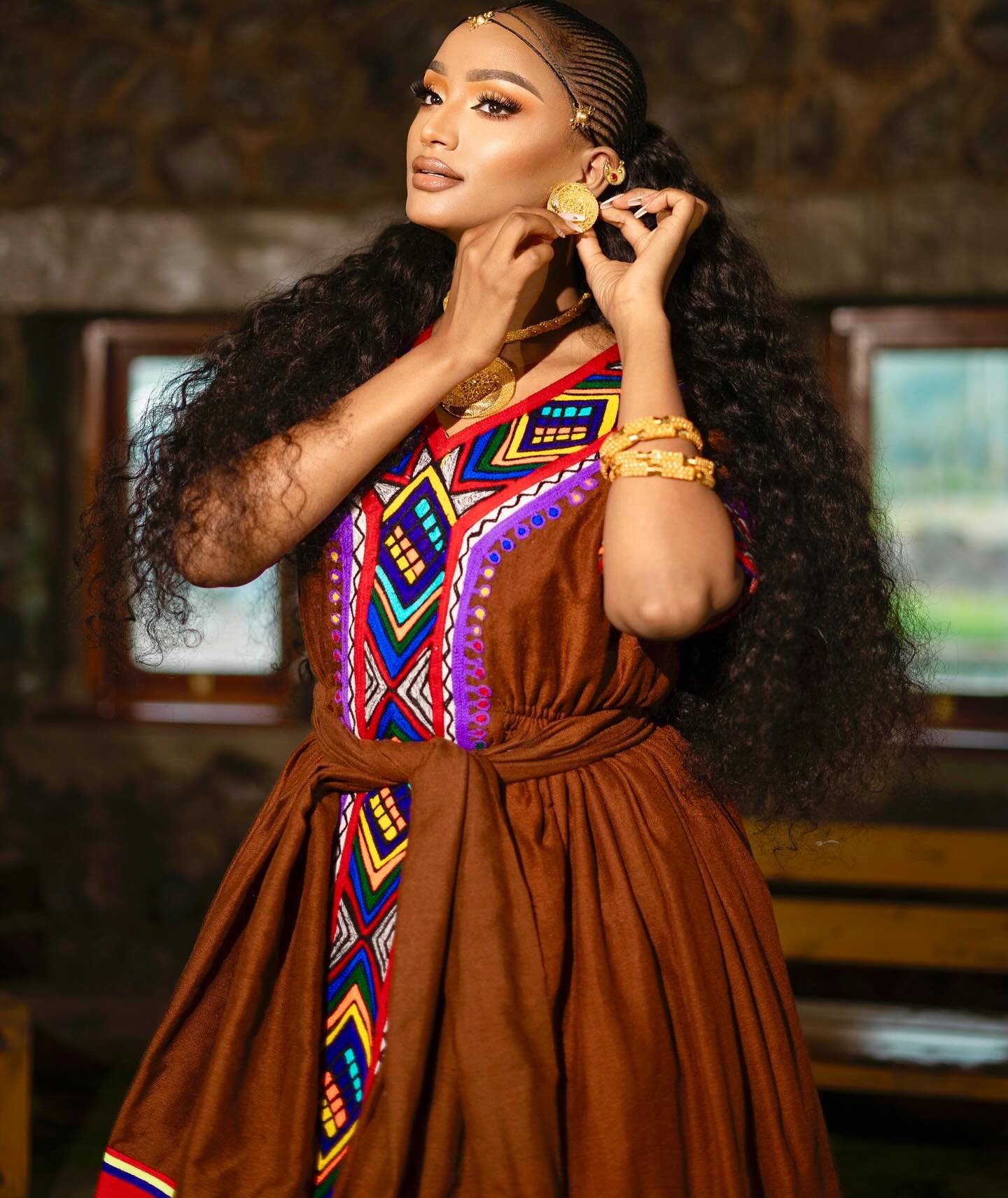 Elegant Earth-Toned Brown Habesha Dress Vibrant Multi-Colored Geometric Habesha Kemis and Matching Waist Tie 931