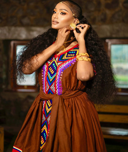 Elegant Earth-Toned Brown Habesha Dress Vibrant Multi-Colored Geometric Habesha Kemis and Matching Waist Tie 931