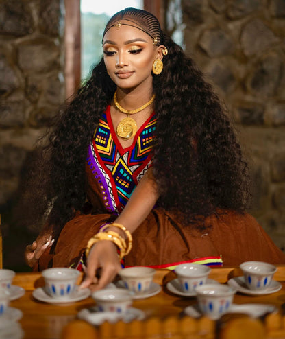 Elegant Earth-Toned Brown Habesha Dress Vibrant Multi-Colored Geometric Habesha Kemis and Matching Waist Tie 931