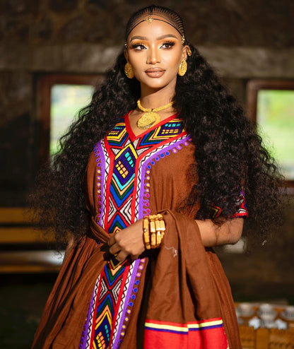 Elegant Earth-Toned Brown Habesha Dress Vibrant Multi-Colored Geometric Habesha Kemis and Matching Waist Tie 931