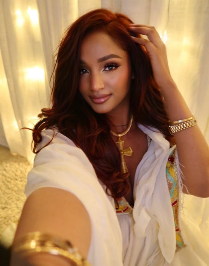 Sophisticated Off-White Habesha Dress Golden Yellow and Light Turquoise Ornate Border Detailing Ethiopian Dress 932
