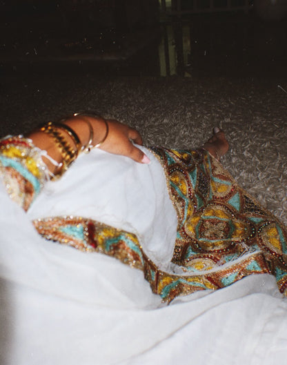 Sophisticated Off-White Habesha Dress Golden Yellow and Light Turquoise Ornate Border Detailing Ethiopian Dress 932