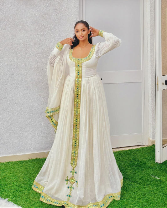 Graceful Habesha Dress Lime Green and Teal Beaded Tilf Ethiopian Dress With Netela Shawl 933