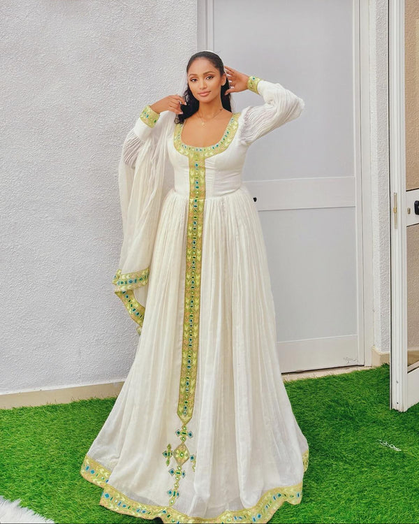 Graceful Habesha Dress Lime Green and Teal Beaded Tilf Ethiopian Dress With Netela Shawl 933