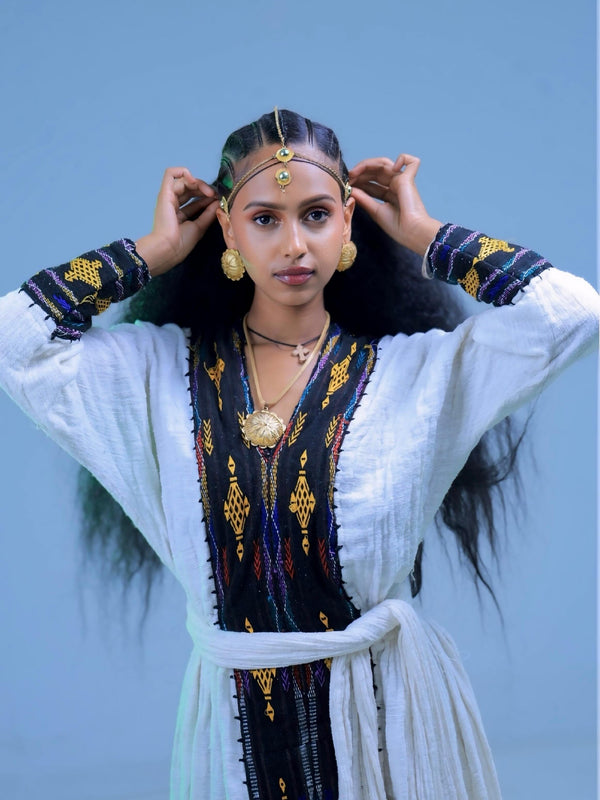 Authentic Handwoven Habesha Dress Jet Black and Golden Yellow Habesha Kemis High-Quality Habesha Cloth 935