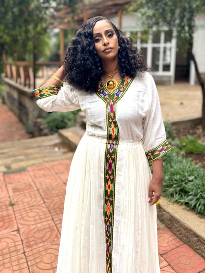 Olive Green, Fuchsia, and Orange Geometric Habesha Dress Classic Ethiopian Clothing 936
