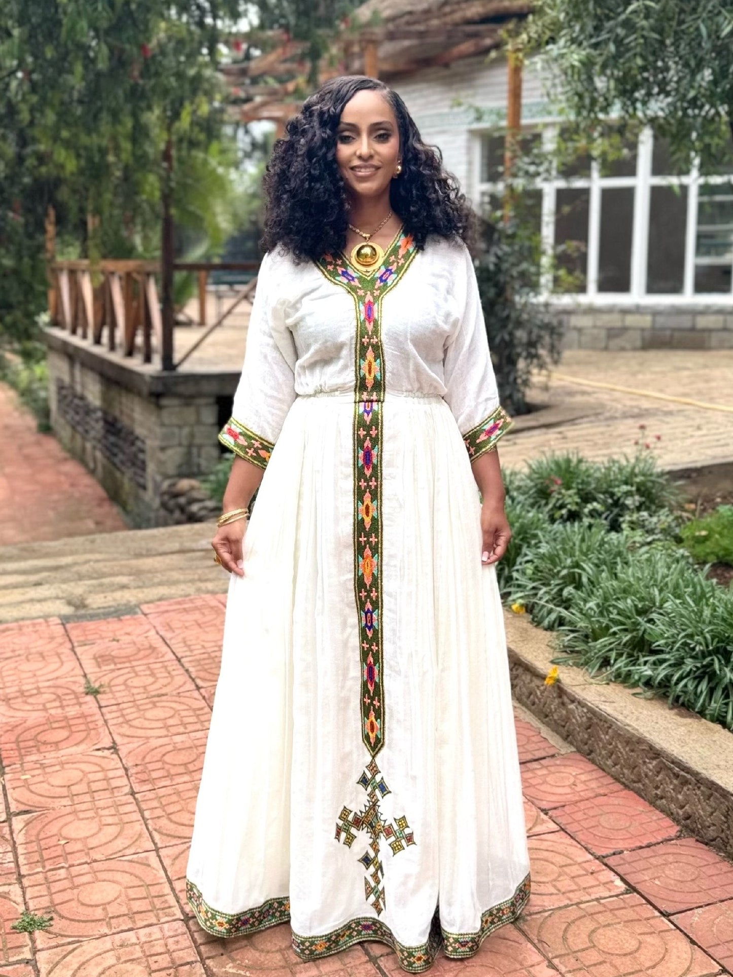 Olive Green, Fuchsia, and Orange Geometric Habesha Dress Classic Ethiopian Clothing 936