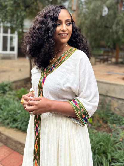 Olive Green, Fuchsia, and Orange Geometric Habesha Dress Classic Ethiopian Clothing 936