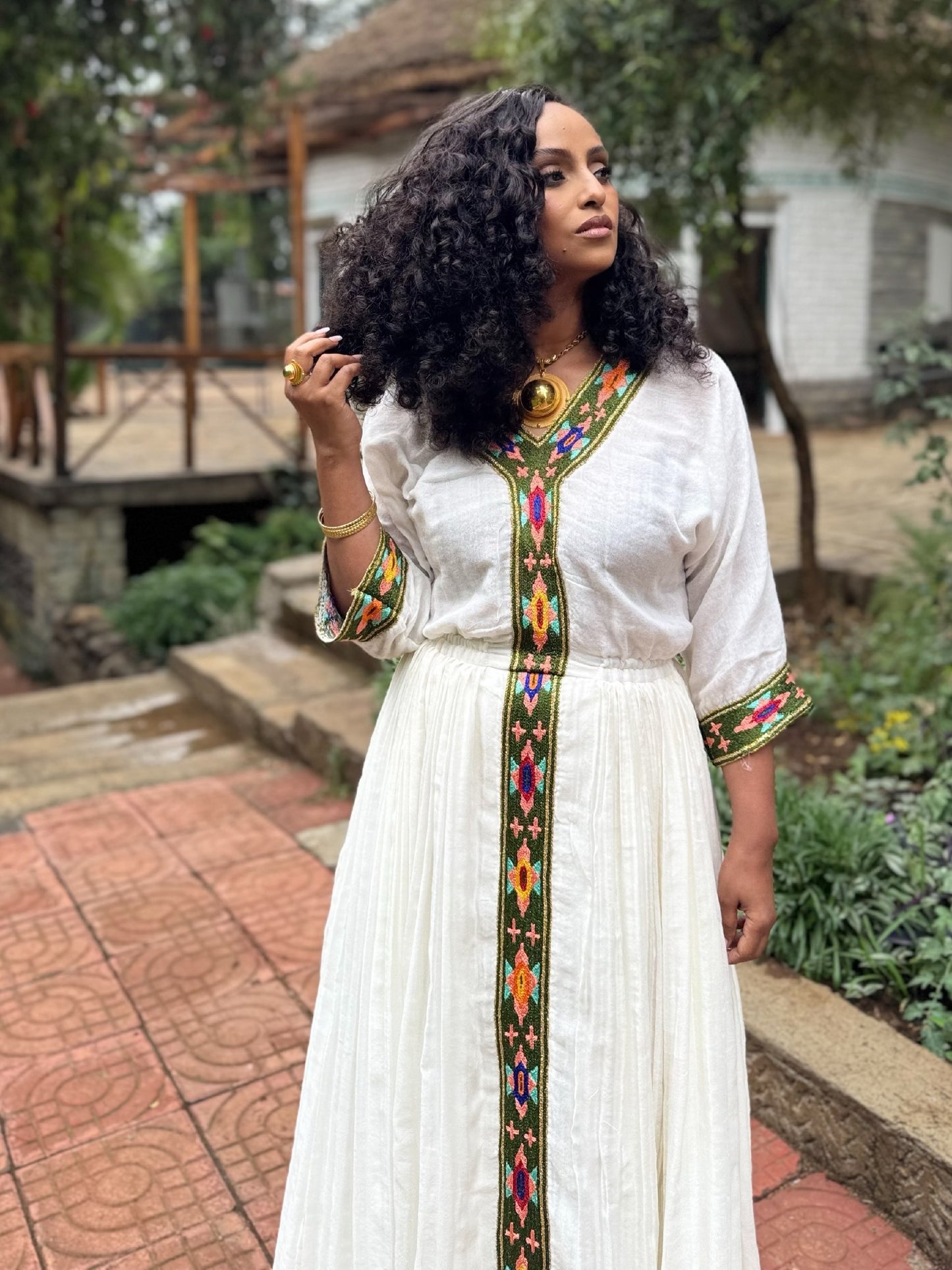Olive Green, Fuchsia, and Orange Geometric Habesha Dress Classic Ethiopian Clothing 936