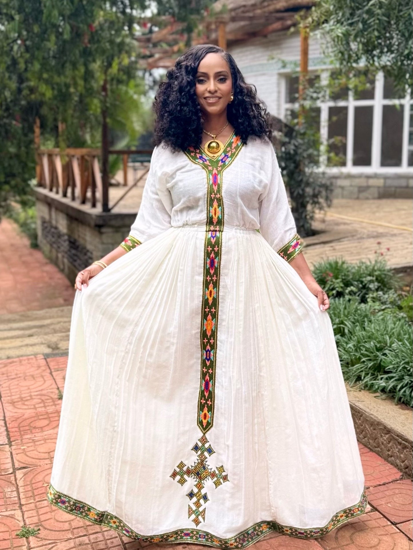Olive Green, Fuchsia, and Orange Geometric Habesha Dress Classic Ethiopian Clothing 936