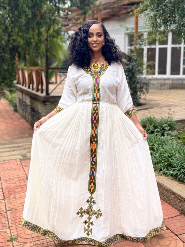 Olive Green, Fuchsia, and Orange Geometric Habesha Dress Classic Ethiopian Clothing 936