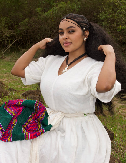 Minimalist Pure White Habesha Dress Subtle Colorful Trim Accents and Fabric Sash Belt Habesha Kemis For Event 937