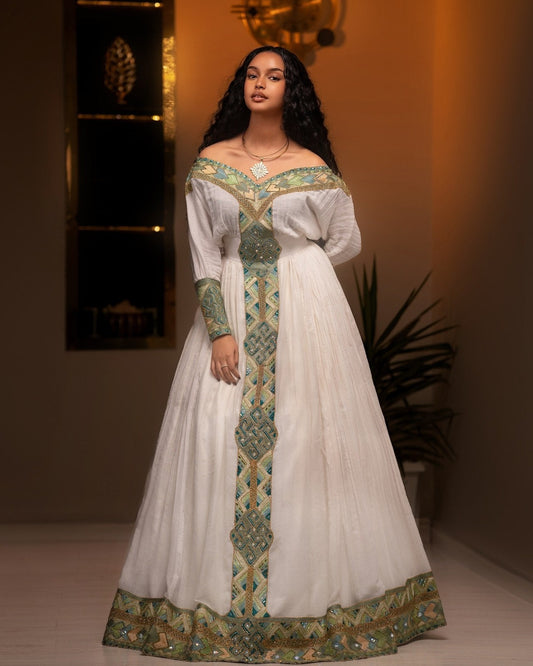 Celestial Sage Off-Shoulder Habesha Kemis Ethiopian Heritage Dress