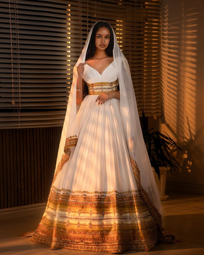 Golden Halo Ethiopian Wedding Dress | Regal Habesha Bridal Kemis