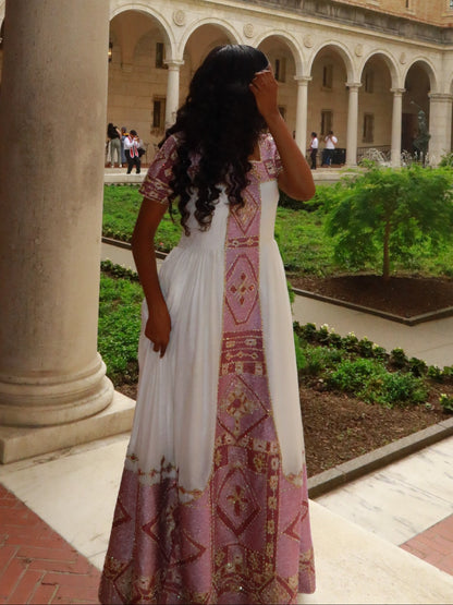 Charming Short-Sleeve Habesha Dress Shimmering Lilac and Silver Ornate Habesha Kemis Traditional Dress 941