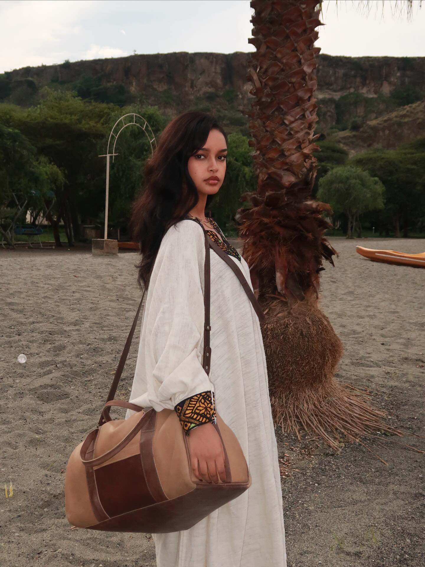 Bohemian Cream Oversized Habesha Dress Earth-Toned Orange and Green Geometric Habesha Kemis V-Neck 942