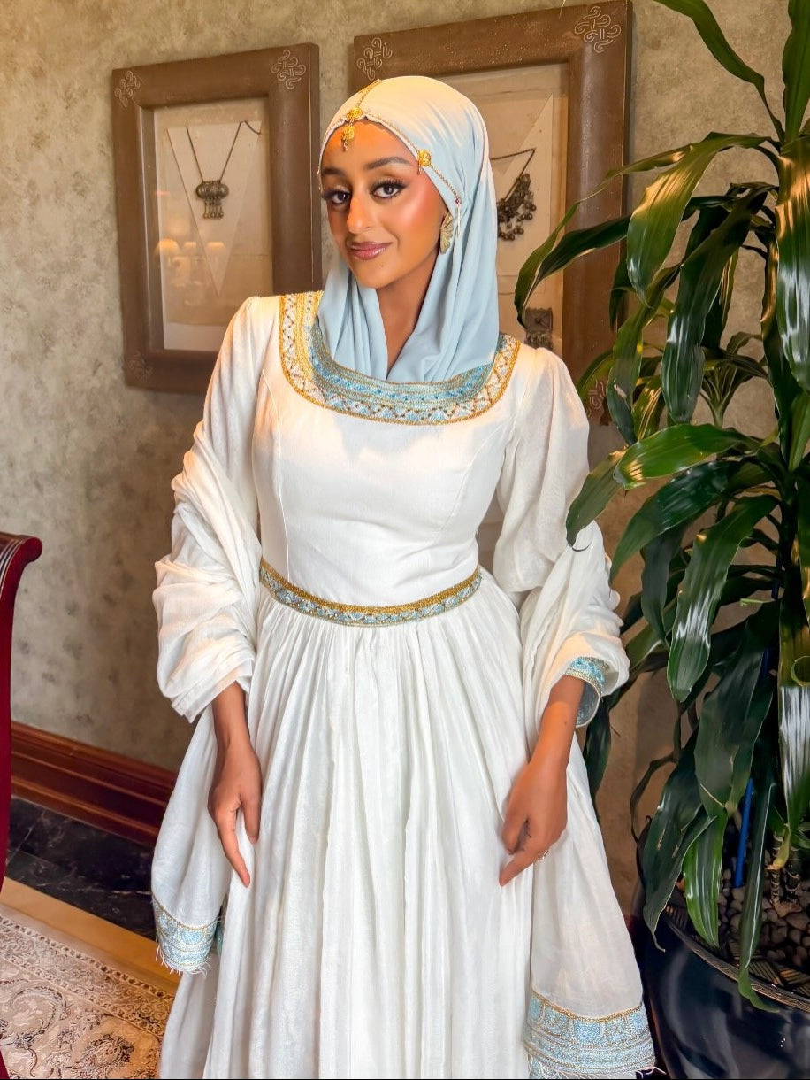 Modest Pure Habesha Dress Delicate Ice Blue and Gold Tilf Ethiopian Clothing  Handcrafted Habesha Kemis 943