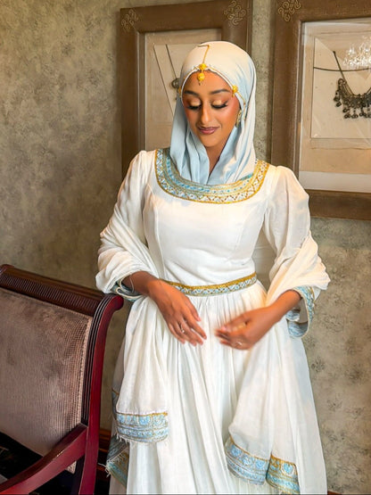 Modest Pure Habesha Dress Delicate Ice Blue and Gold Tilf Ethiopian Clothing  Handcrafted Habesha Kemis 943