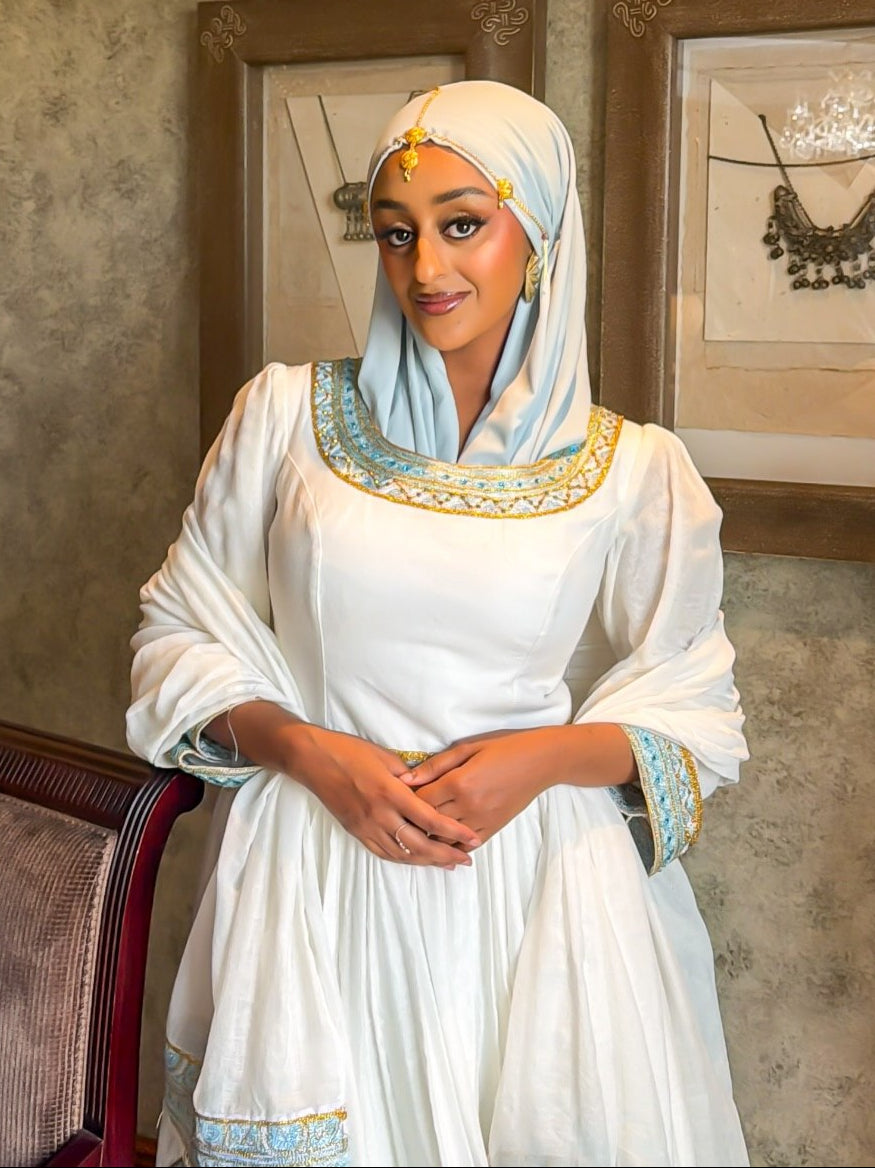 Modest Pure Habesha Dress Delicate Ice Blue and Gold Tilf Ethiopian Clothing  Handcrafted Habesha Kemis 943