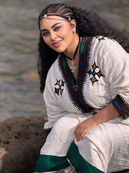 Emerald Horizon Habesha Kemis Traditional Ethiopian Heritage Dress Artisan Woven Habesha Dress 944