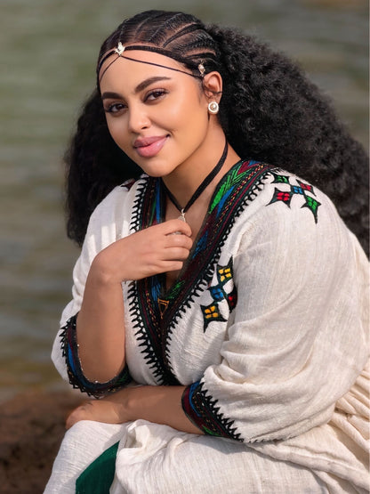 Emerald Horizon Habesha Kemis Traditional Ethiopian Heritage Dress Artisan Woven Habesha Dress 944