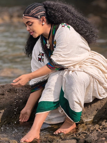 Emerald Horizon Habesha Kemis Traditional Ethiopian Heritage Dress Artisan Woven Habesha Dress 944