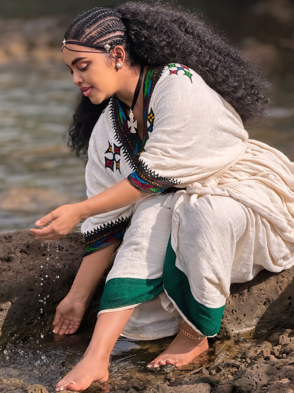 Emerald Horizon Habesha Kemis Traditional Ethiopian Heritage Dress Artisan Woven Habesha Dress 944