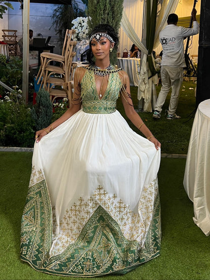 Emerald Majesty Halter Habesha Kemis Handwoven Ethiopian Heritage Gown with Regal Green Embroidery 945