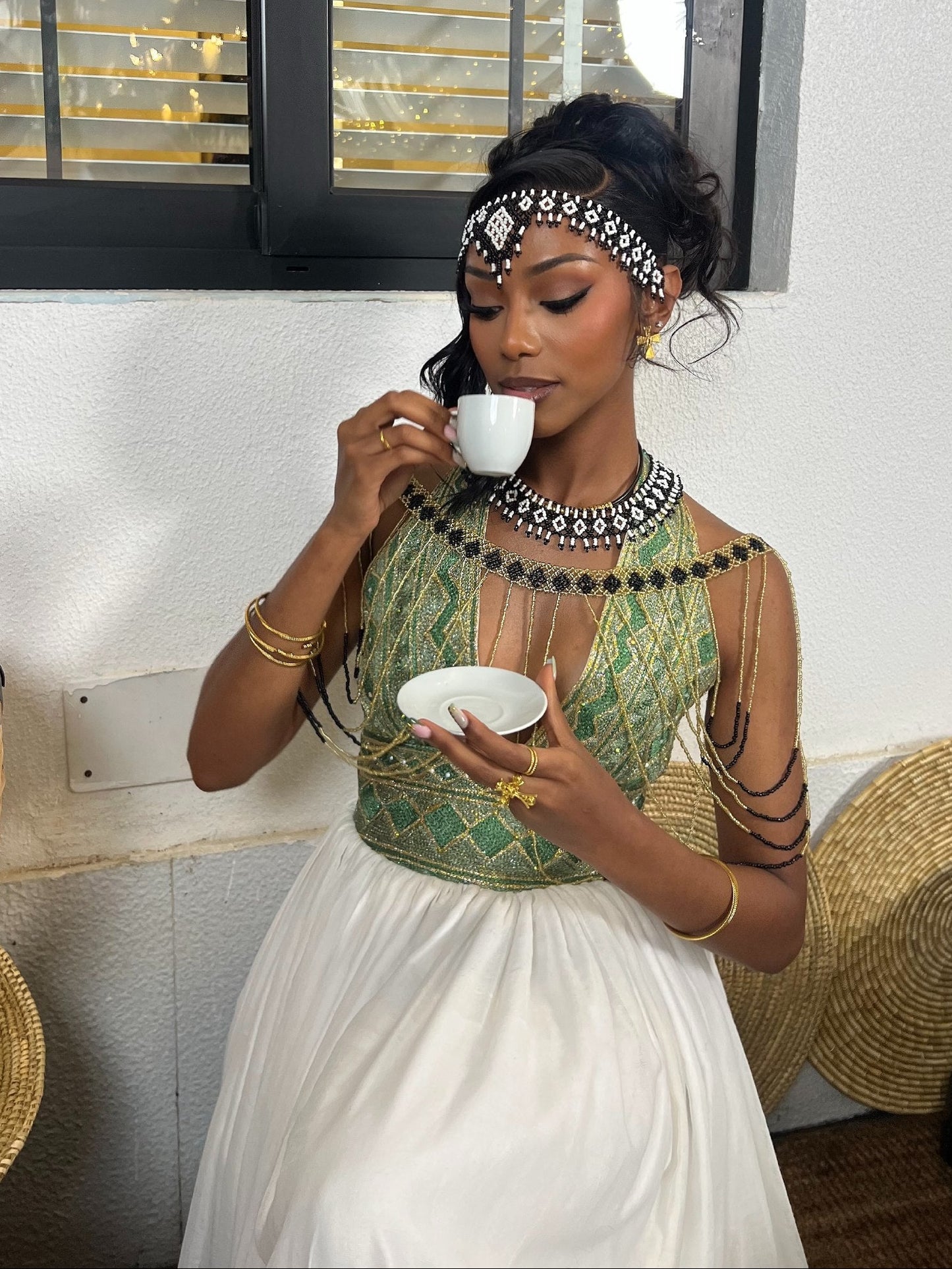 Emerald Majesty Halter Habesha Kemis Handwoven Ethiopian Heritage Gown with Regal Green Embroidery 945