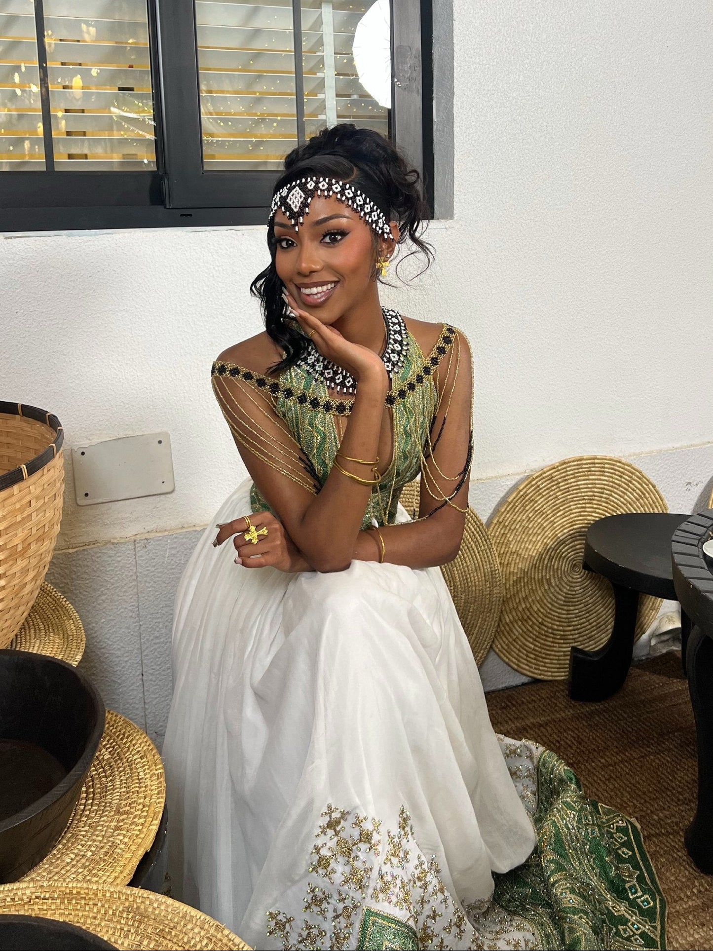 Emerald Majesty Halter Habesha Kemis Handwoven Ethiopian Heritage Gown with Regal Green Embroidery 945