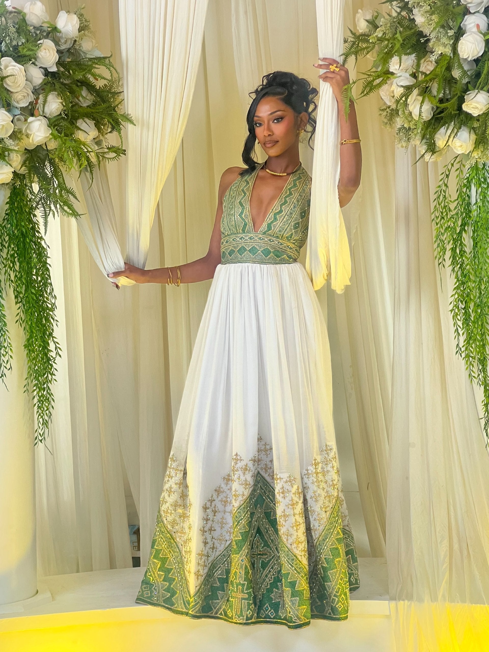 Emerald Majesty Halter Habesha Kemis Luxury Ethiopian Heritage Wedding Dress