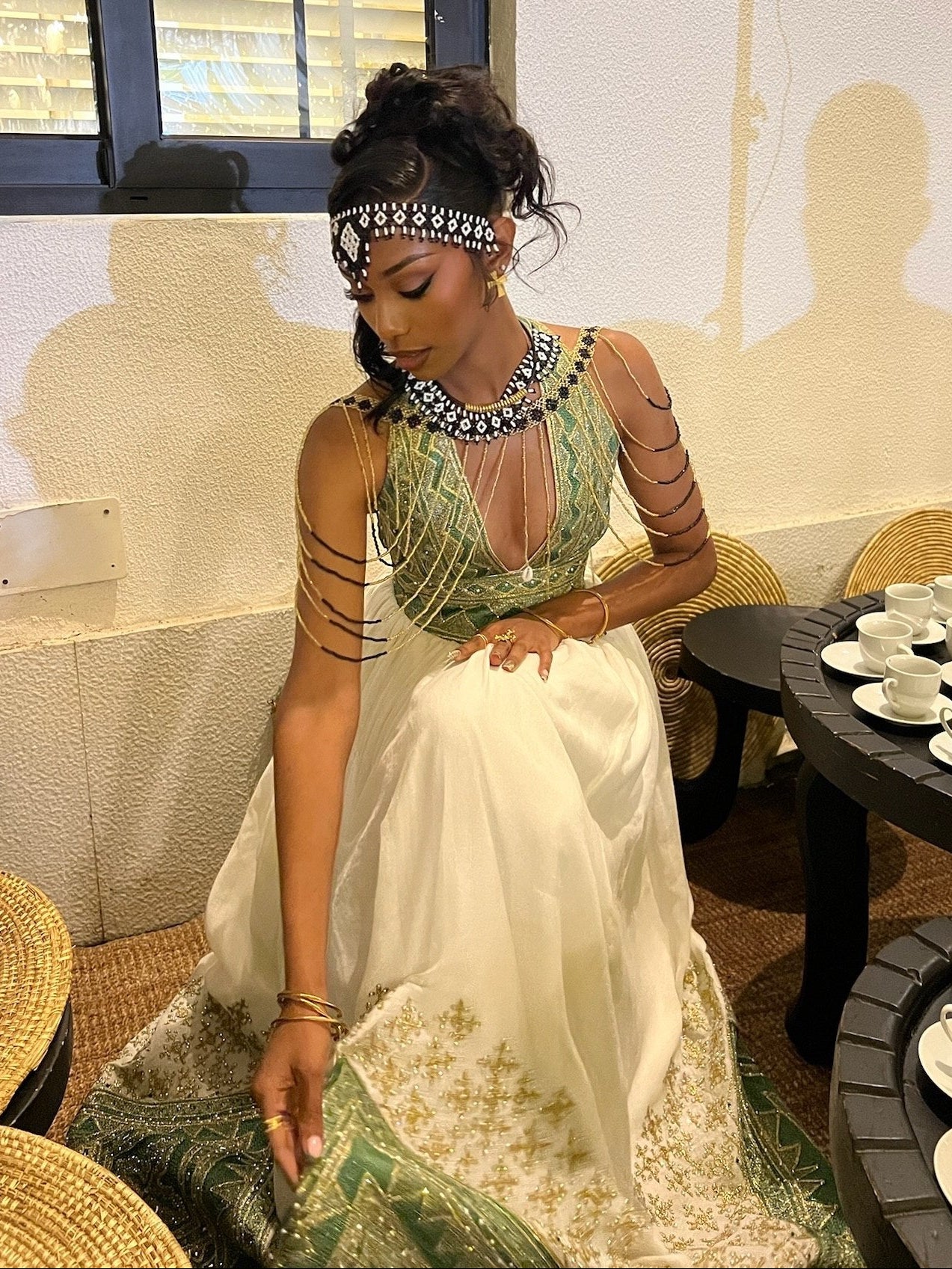 Emerald Majesty Halter Habesha Kemis Handwoven Ethiopian Heritage Gown with Regal Green Embroidery 945