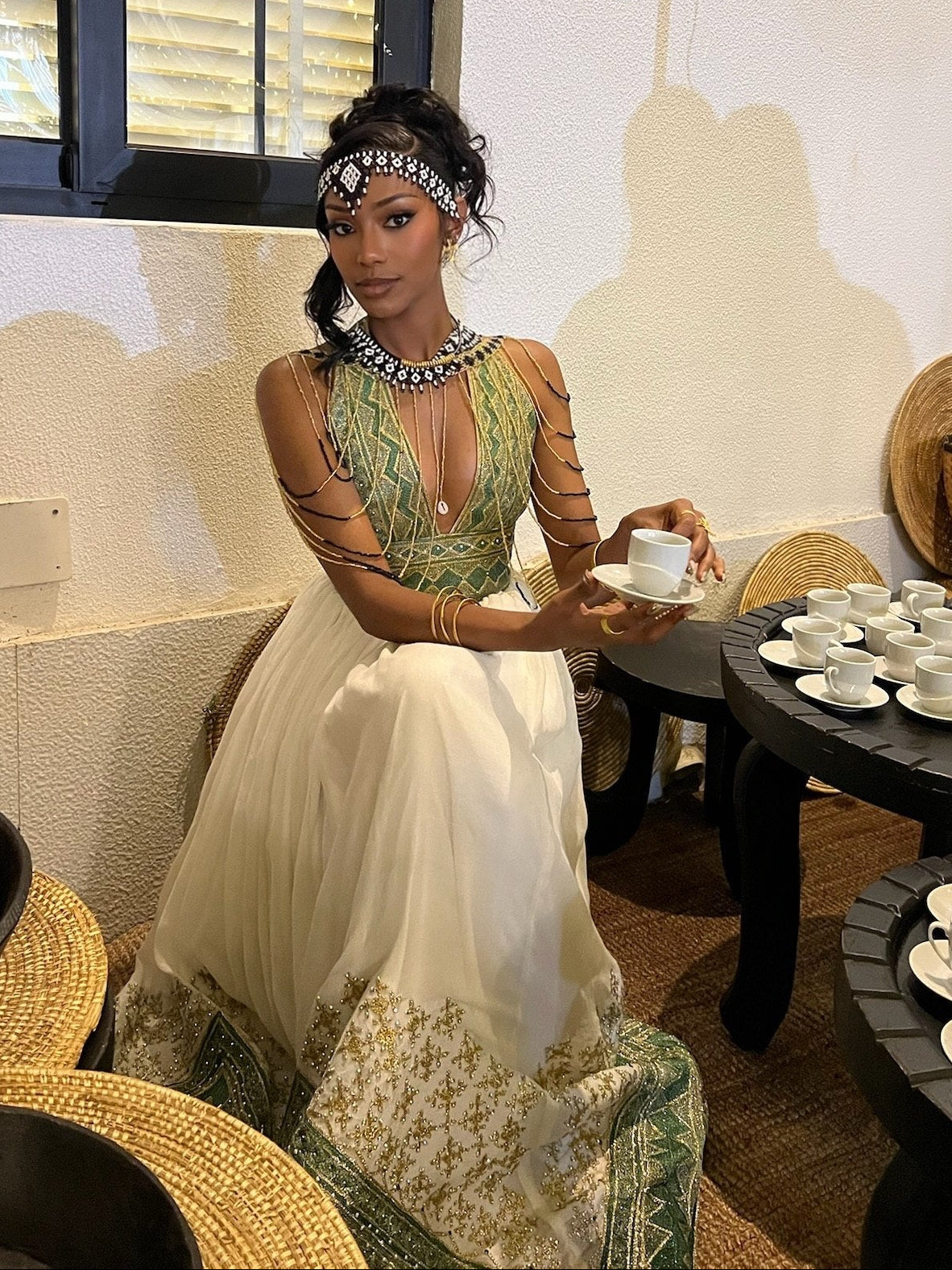Emerald Majesty Halter Habesha Kemis Handwoven Ethiopian Heritage Gown with Regal Green Embroidery 945